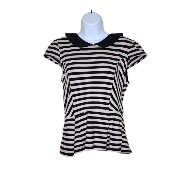 Vintage Y2K Cap Sleeve Peplum Striped Top Womens L Black White Pinup Demure - Picture 1 of 6